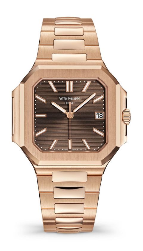 Rose gold watch Patek Philippe 7128/1R with a brown face on a white background