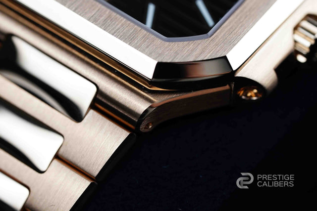 Rose gold watch Patek Philippe 7128/1R crown and bevels close up photo
