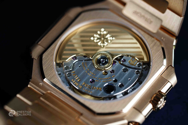 Rose gold watch Patek Philippe 7128/1R movement close up