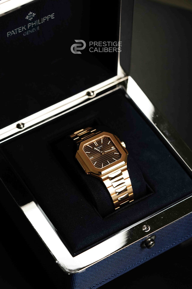 Rose gold watch Patek Philippe 7128/1R with a brown face in a box