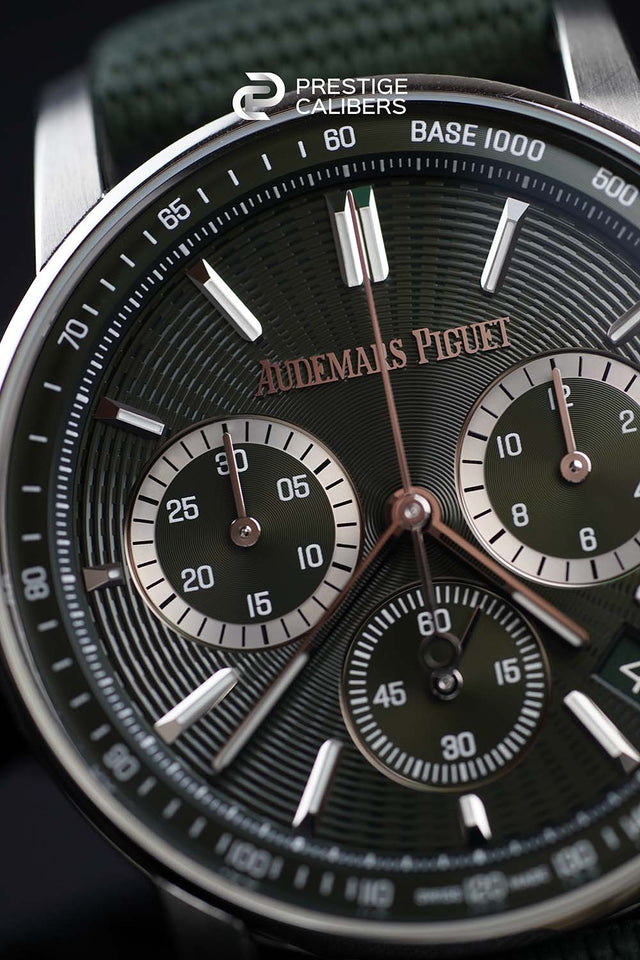Close-up of a Code 11.59 by Audemars Piguet Selfwinding Chronograph Men's Watch 26393ST.OO.A056KB.01 with detailed face and brand logo.
