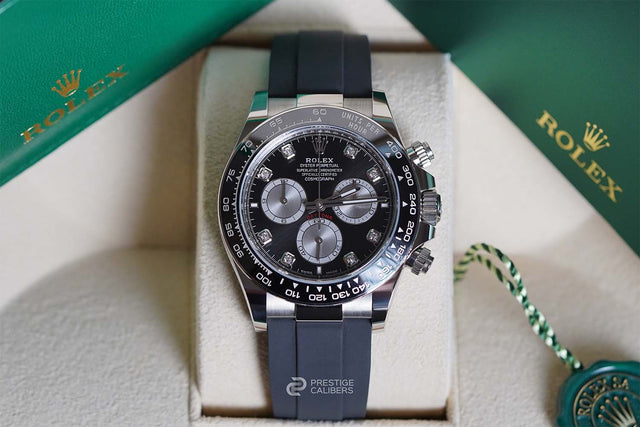 Rolex watch white gold 126519LN-0004 with black strap inside box with papers and manual