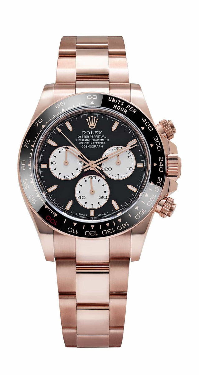 rolex daytona 126525ln le mans Rose gold watch with black dial on a white background