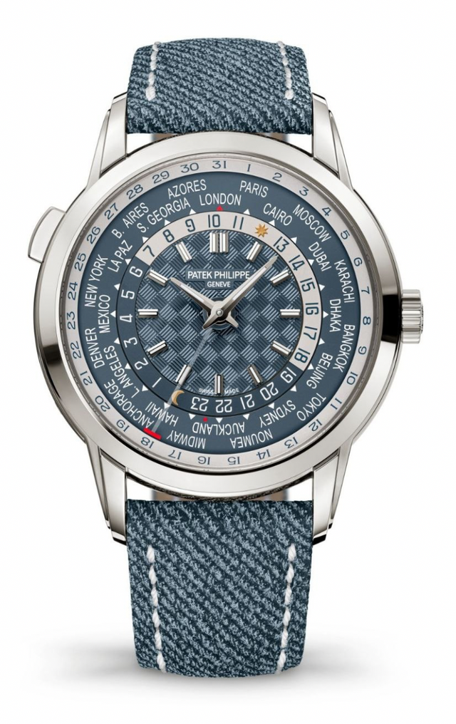 Patek Philippe World Time 5330G-001 “Jeans” 40 mm white-gold men’s watch with blue denim-style dial on black textile/calfskin strap
