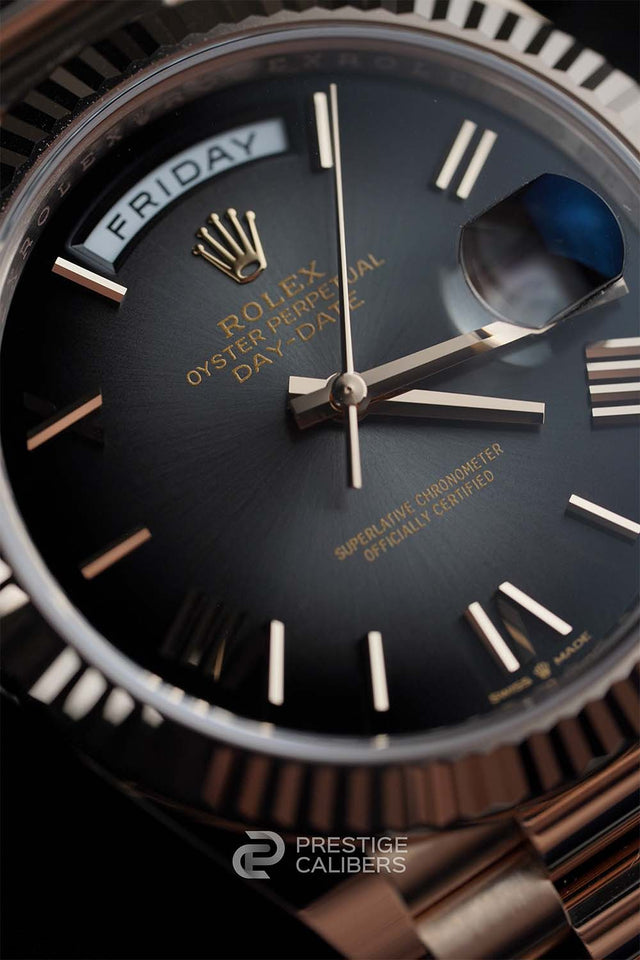 Close-up of a Rolex Day-Date Slate Ombré dial ref. 228235-0055