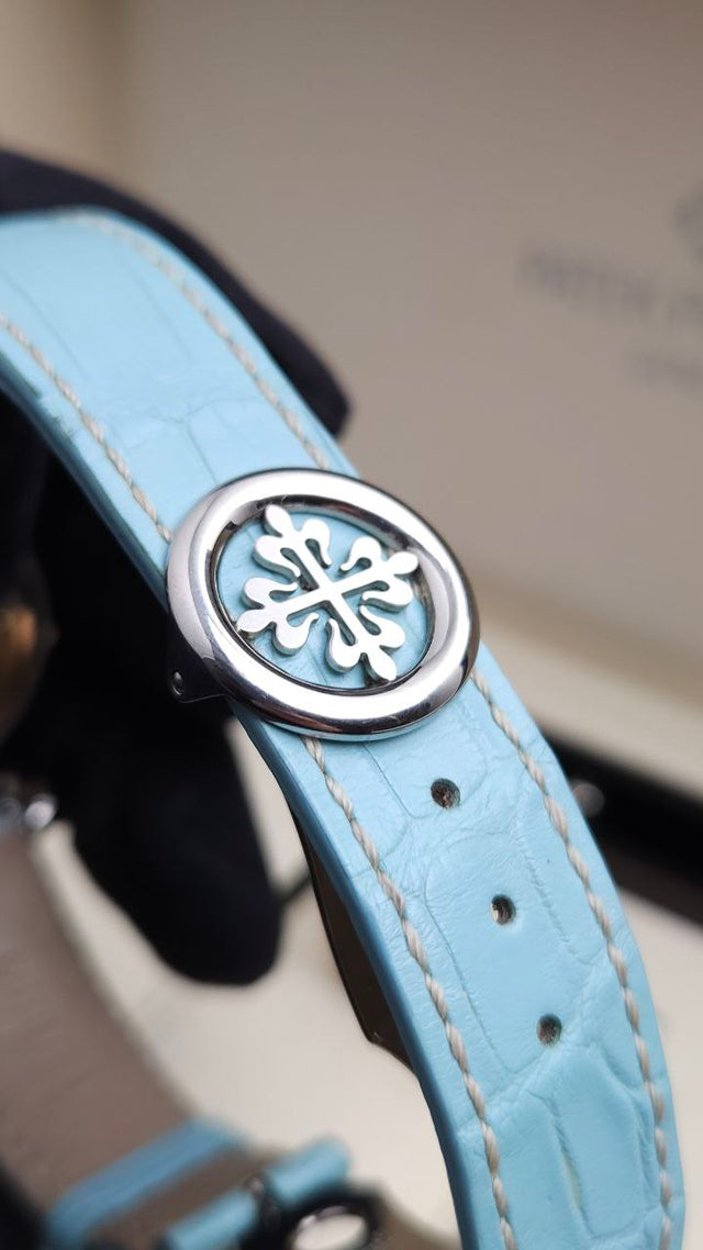 Patek Philippe Calatrava Weekly Calendar 5212A-001 40 mm stainless-steel men’s watch with silver dial on blue alligator strap with folding clasp

