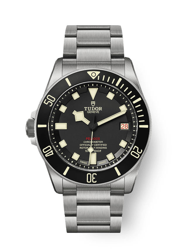 Tudor Pelagos LHD M25610TNL-0001, left-hand-drive 42 mm titanium dive watch with black dial and crown at 9 o'clock