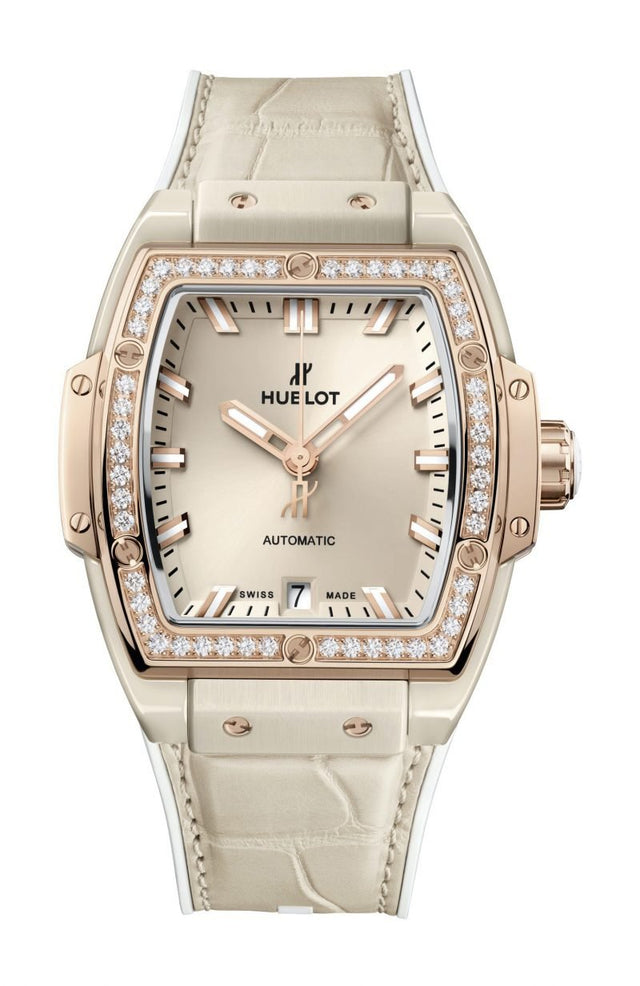 Hublot Spirit of Big Bang Beige Ceramic King Gold Diamonds Woman's Watch 665.CZ.898B.LR.1204