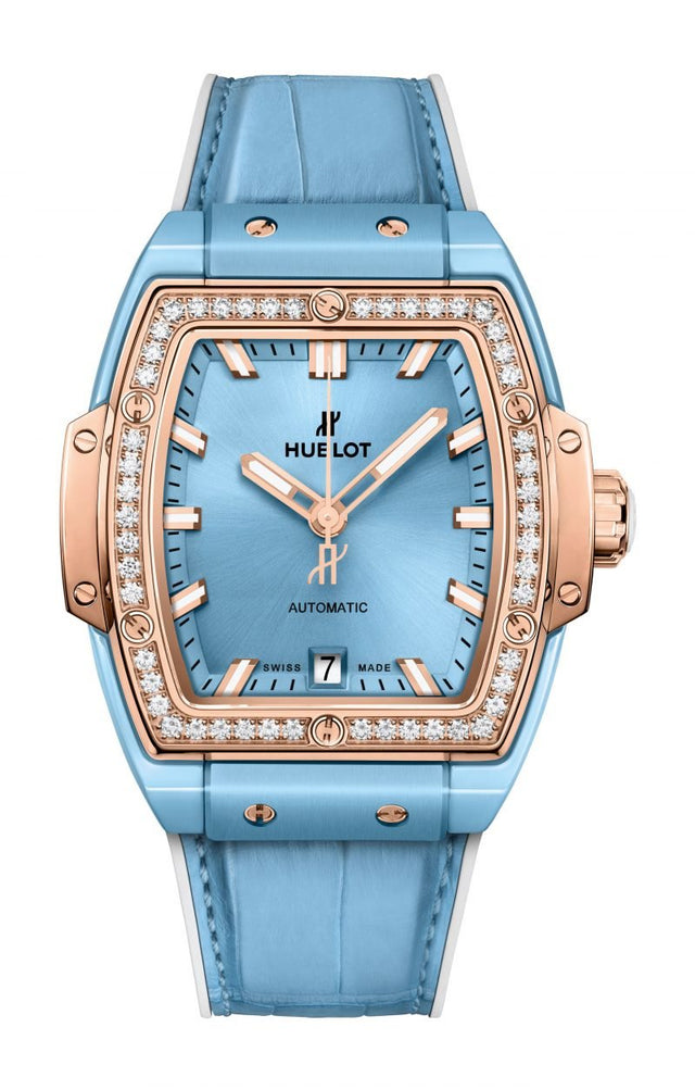 Hublot Spirit of Big Bang Light Blue Ceramic King Gold Diamonds Woman's Watch 665.EO.891L.LR.1204